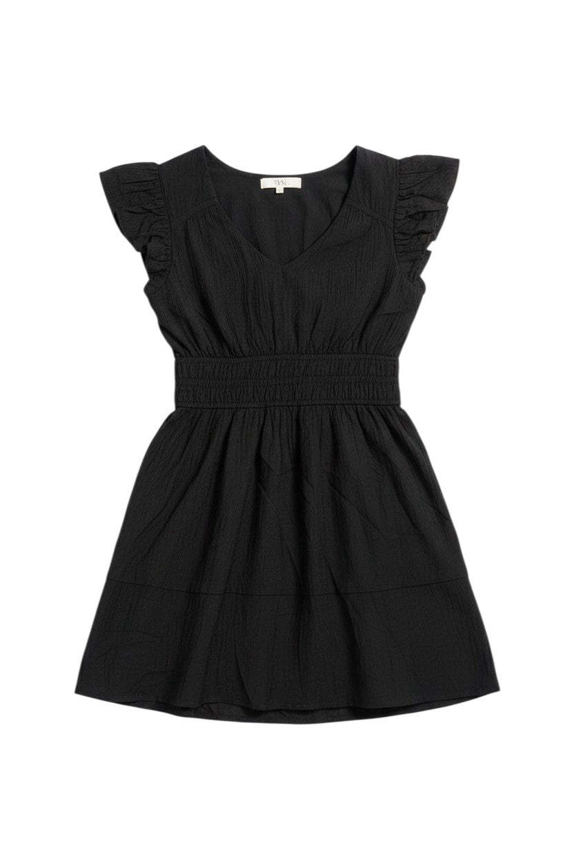 Black Short Flutter Sleeve Dress with Smocked Waist