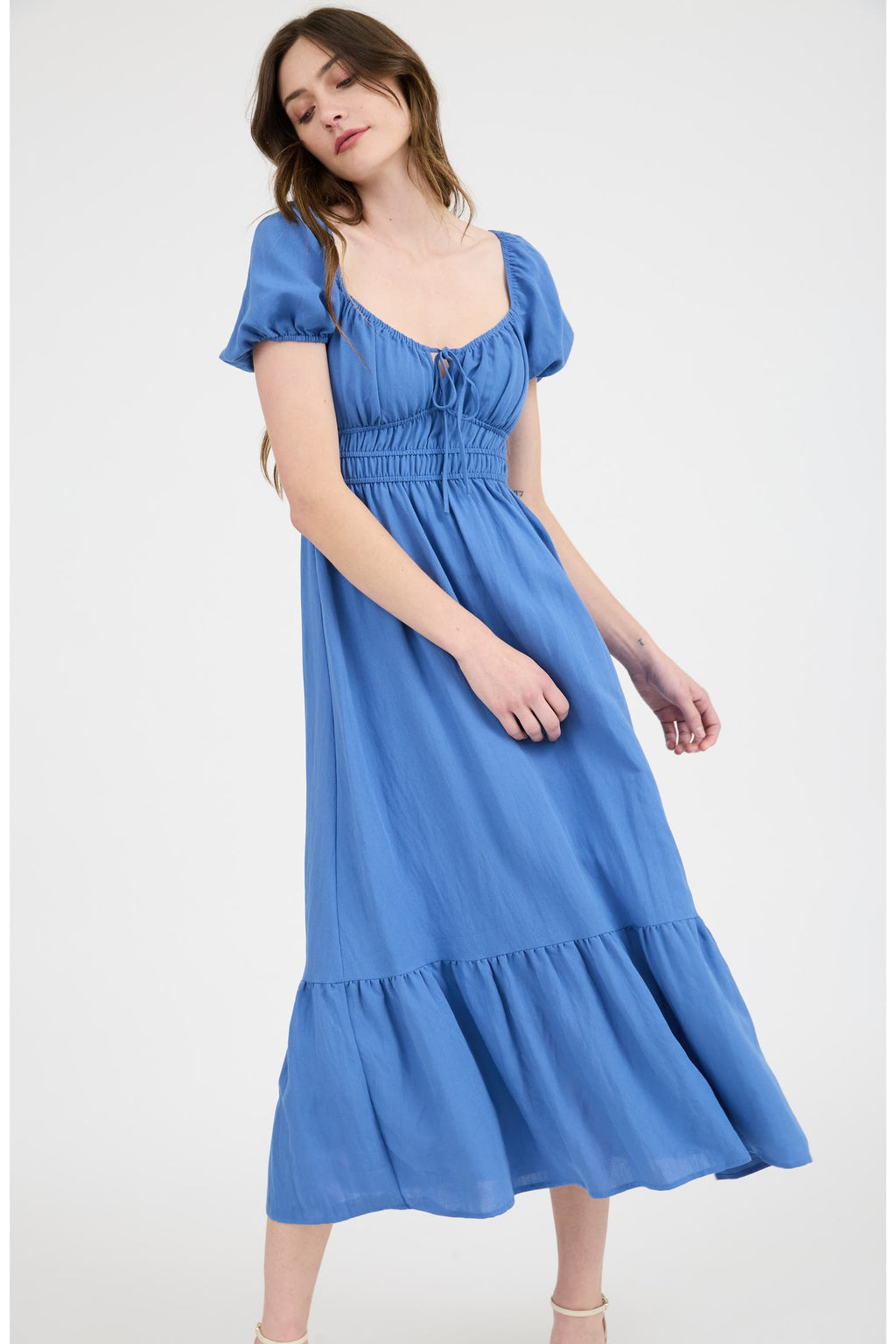 Blue Short Sleeve Maxi Dress with Ruffled Hem