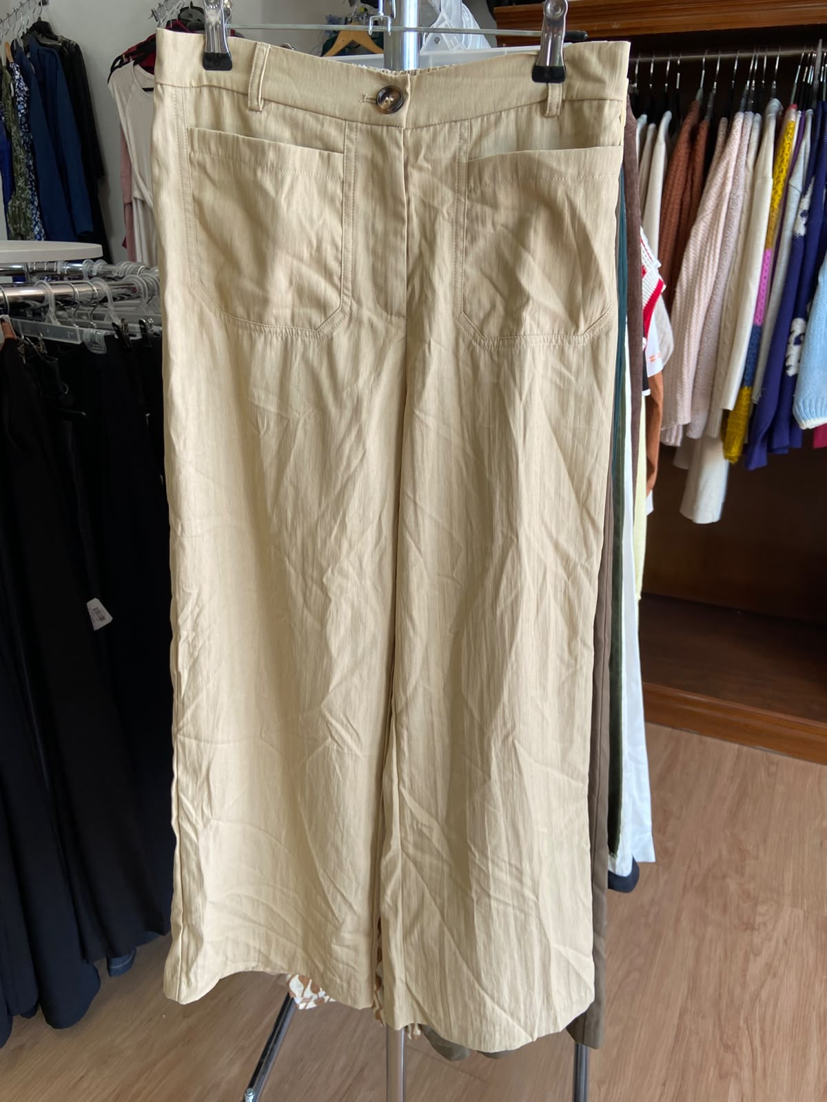 Beige Wide-Leg Trousers with Front Pockets