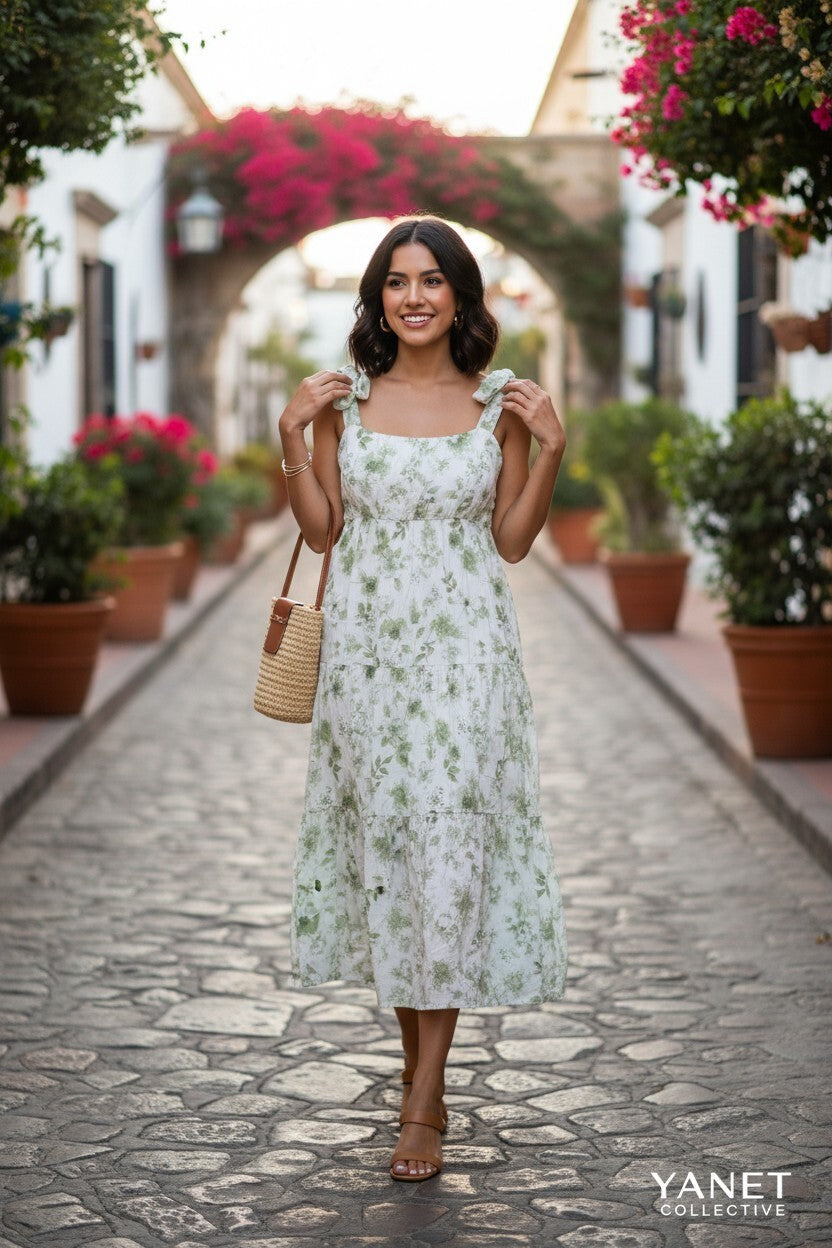 Green Floral Sleeveless Maxi Dress with Ruffled Detail