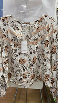 White Floral Long Sleeve Blouse with Ruffle Detail