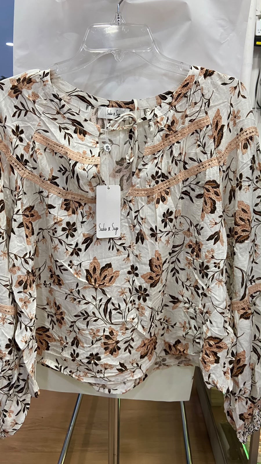 White Floral Long Sleeve Blouse with Ruffle Detail