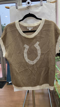 Beige Knit Short Sleeve Sweater with Logo Detail