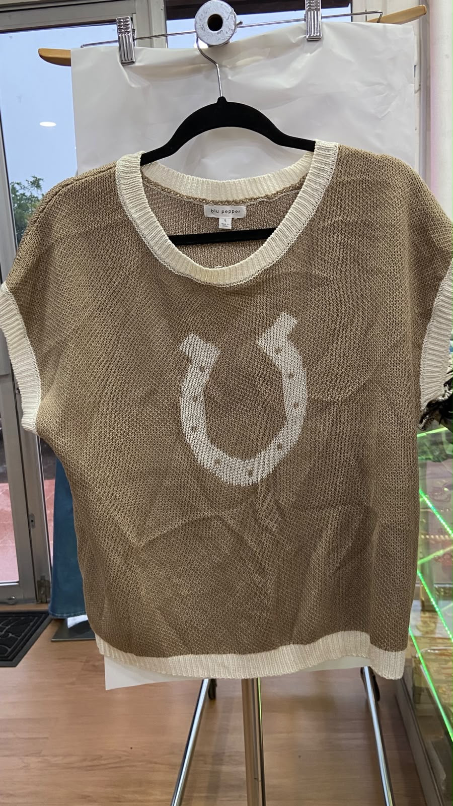Beige Knit Short Sleeve Sweater with Logo Detail