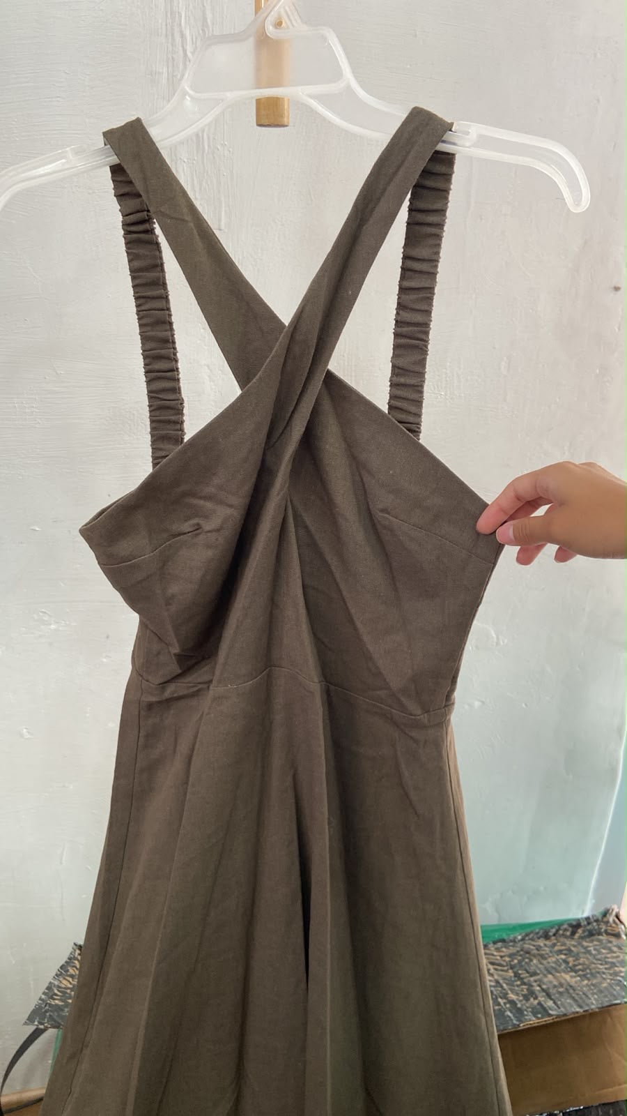 Brown Cross-Back Midi Dress with Gathered Straps