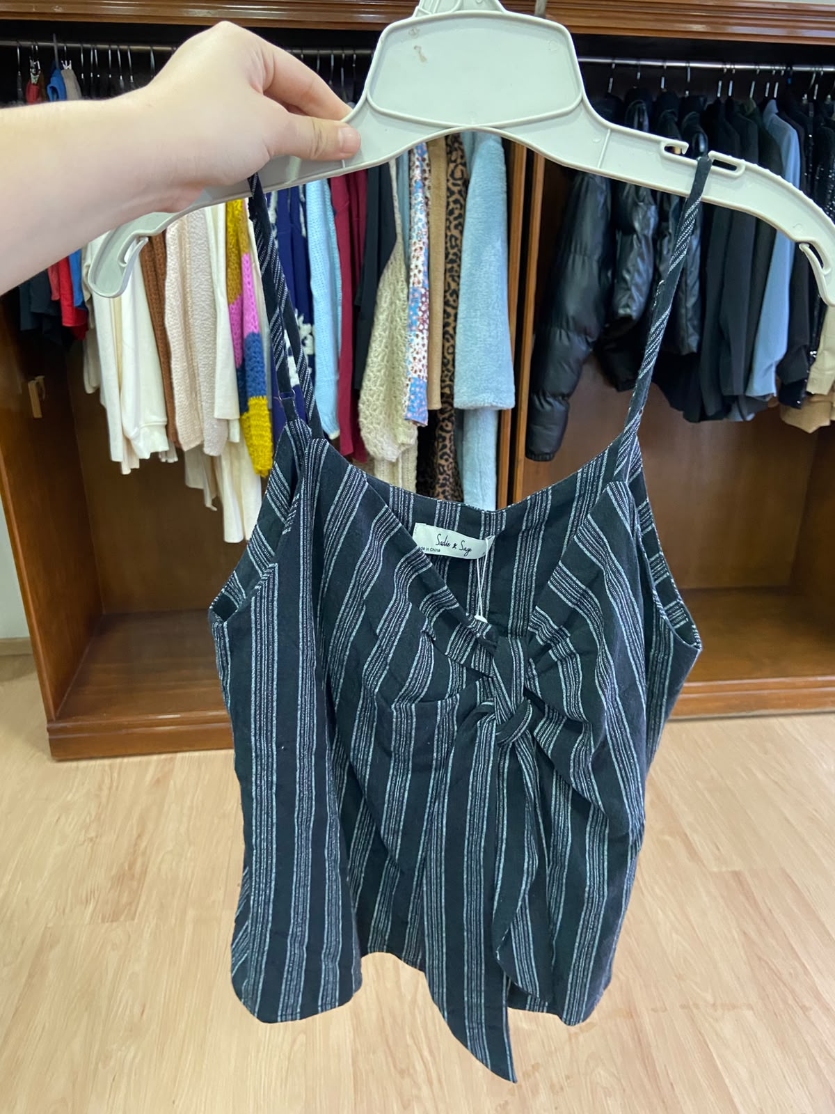 Black Striped Spaghetti Strap Top with Tie Detail