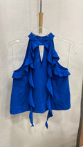 Blue Sleeveless Ruffled Halter Top with Keyhole Detail
