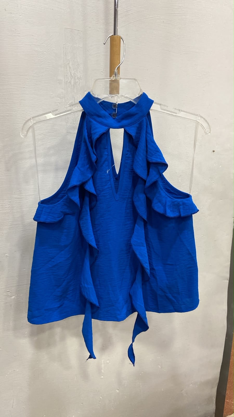 Blue Sleeveless Ruffled Halter Top with Keyhole Detail
