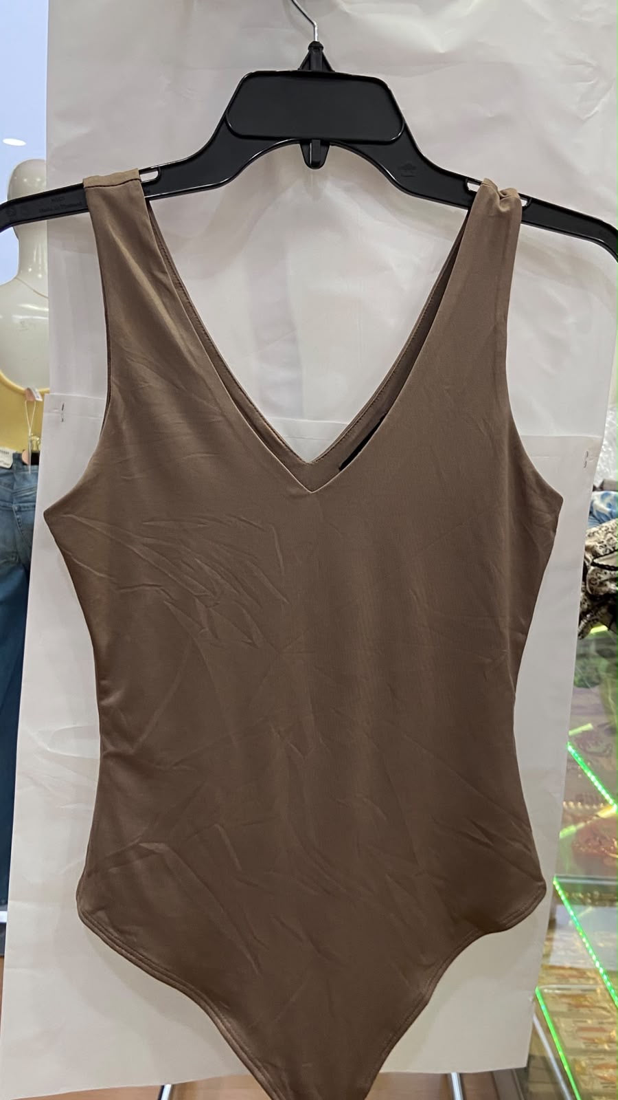 Beige Sleeveless V-Neck Bodysuit with Smooth Texture