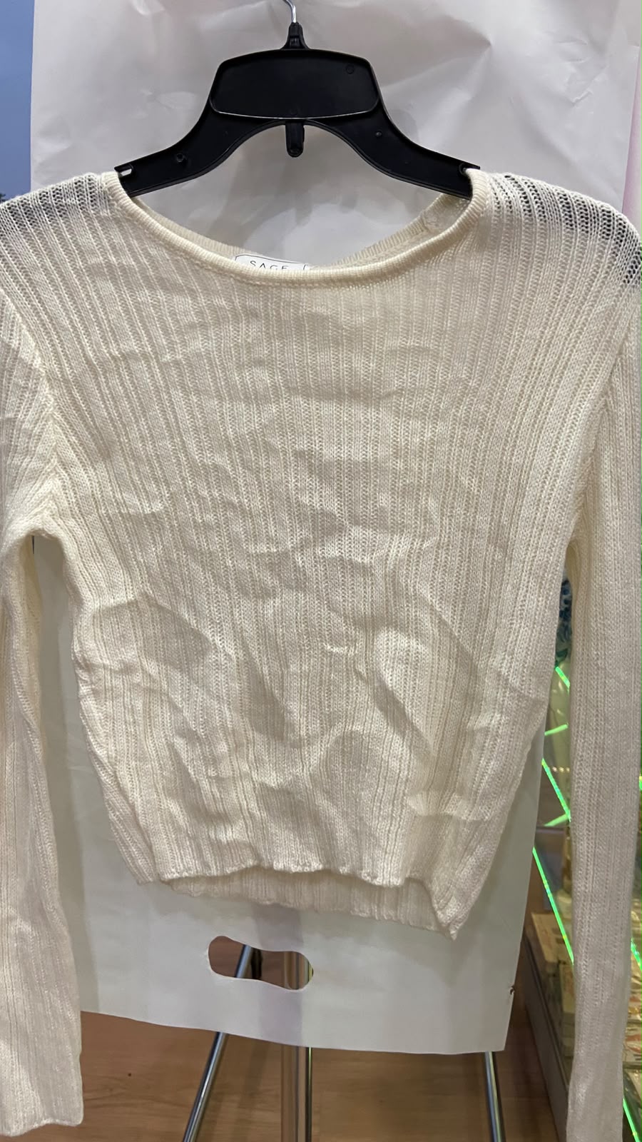 Cream Long Sleeve Cropped Top with Textured Weave