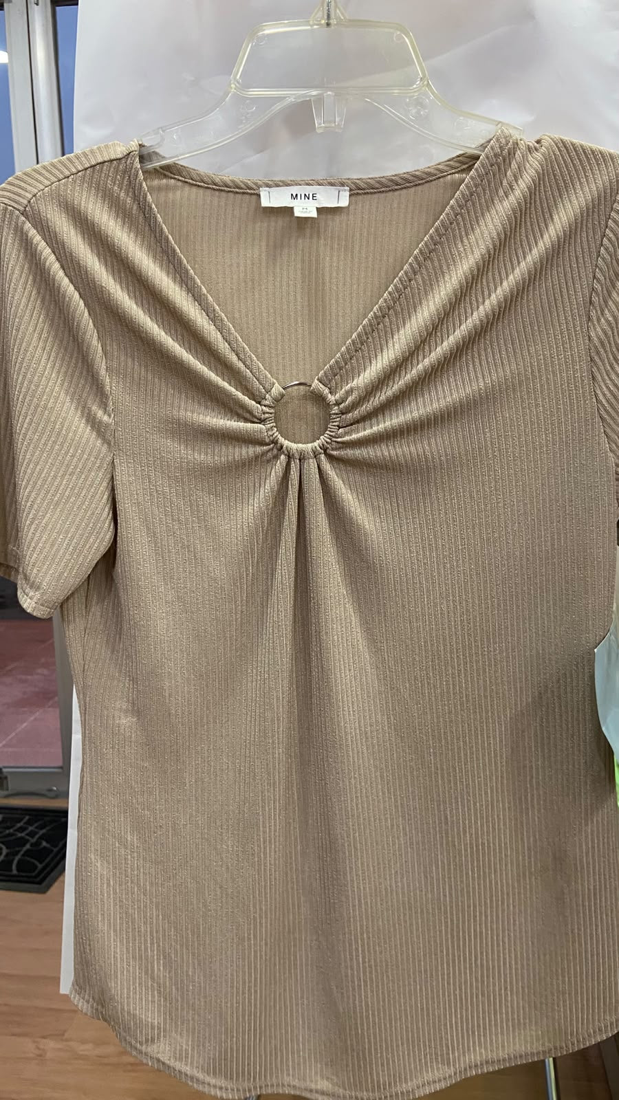 Beige Short Sleeve Top with Center Ring Detail