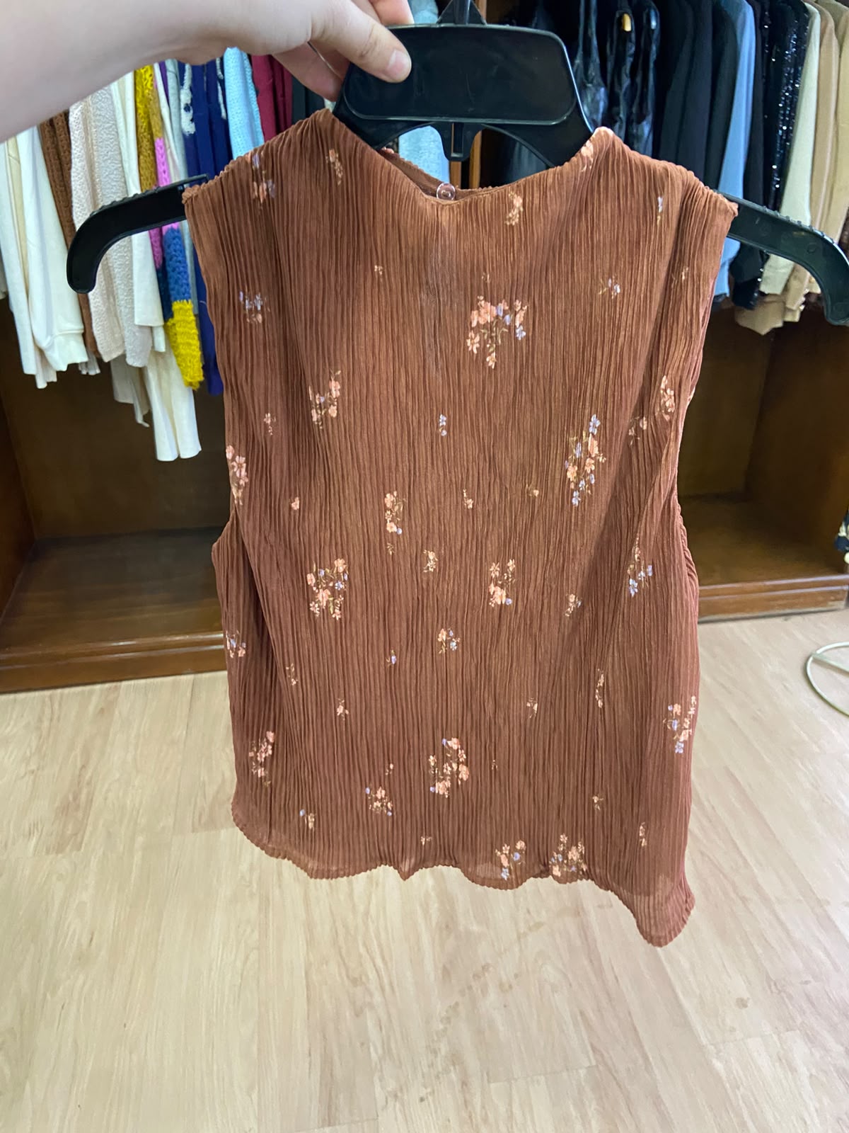 Rust Sleeveless Round Neck Top with Floral Print
