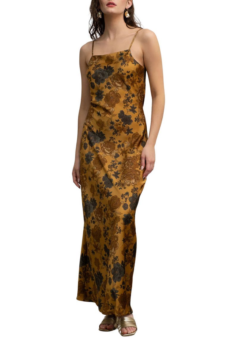 Mustard Floral Maxi Dress with Spaghetti Straps