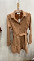 Brown Long Sleeve Button-Up Dress with Ruffled Hem