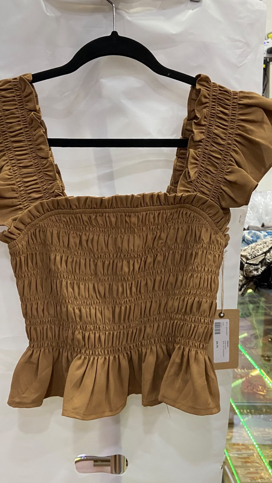 Brown Short Sleeve Square Neck Top with Ruffled Hem