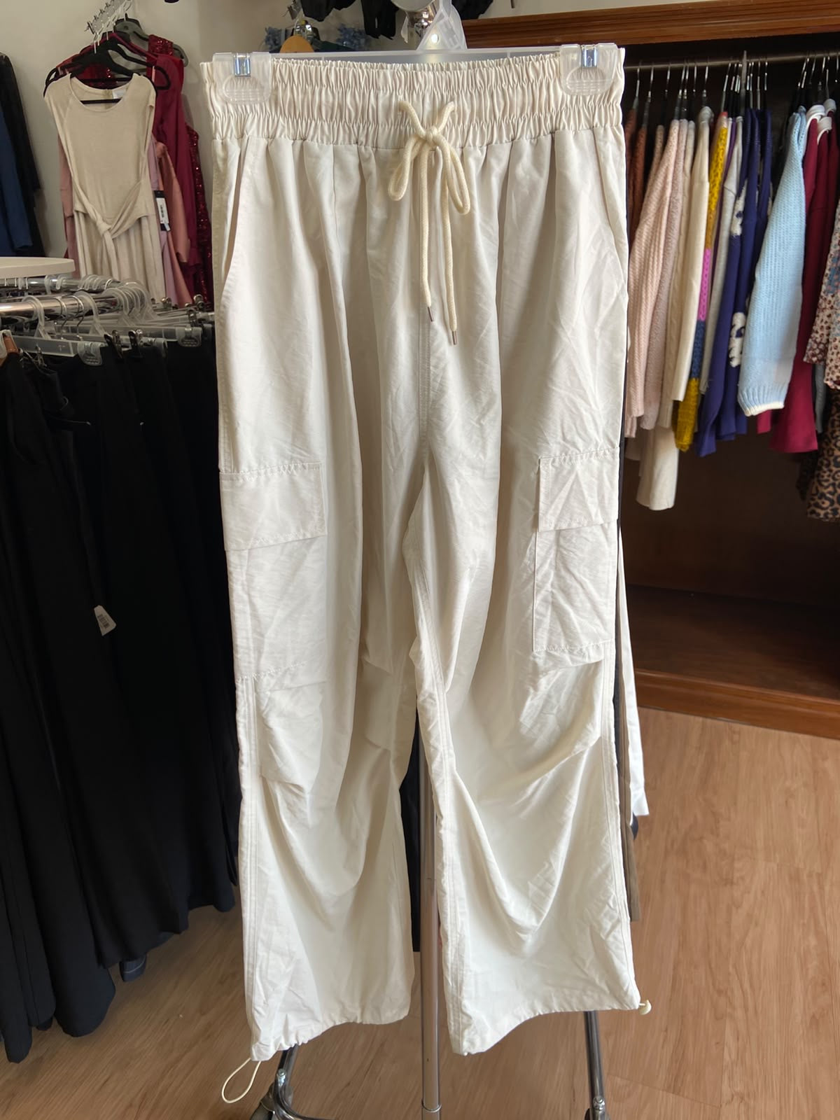 Cream Cargo Pants with Drawstring Waist