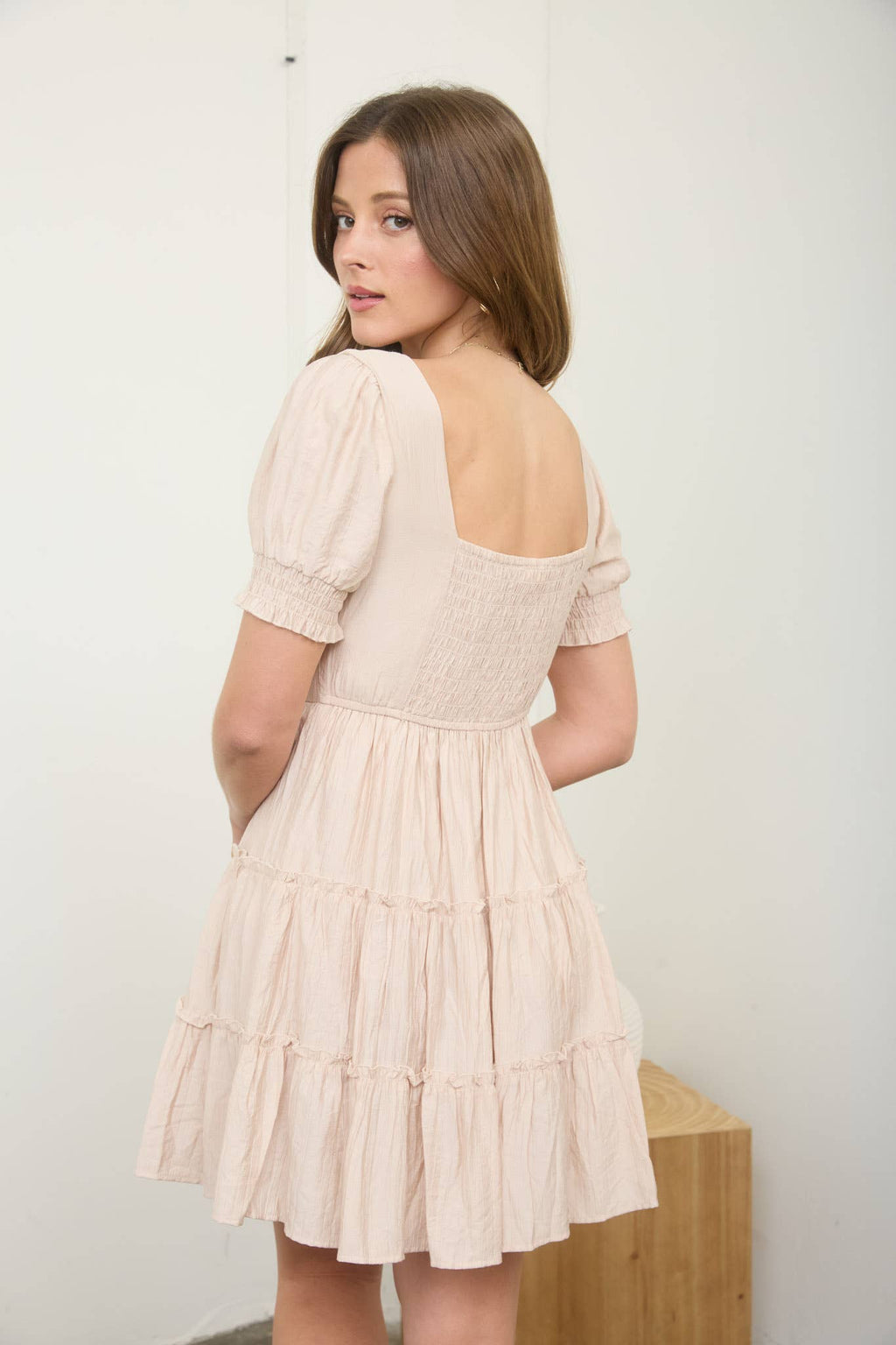 Beige Short Puff Sleeve Mini Dress with Ruffle Detail