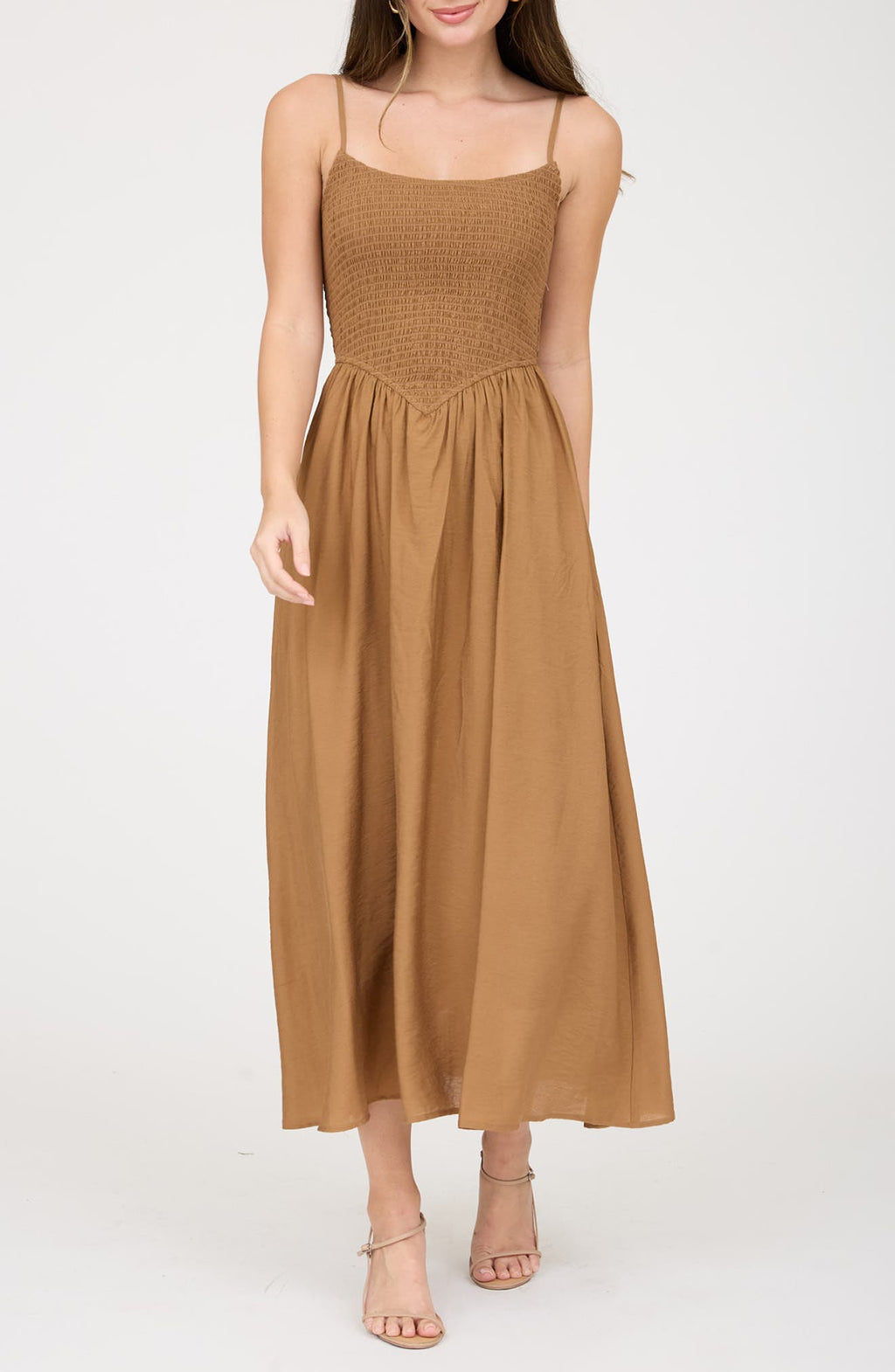 Smocked Basque Waist Spaghetti Strap Midi Dress Brown- Summer Boho Floral Beach Sundress