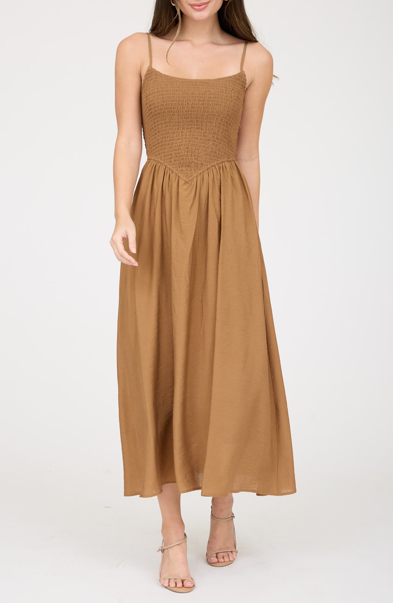 Smocked Basque Waist Spaghetti Strap Midi Dress Brown- Summer Boho Floral Beach Sundress