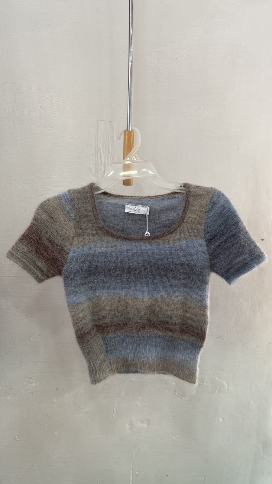 Blue Striped Short Sleeve Crop Top with Square Neck