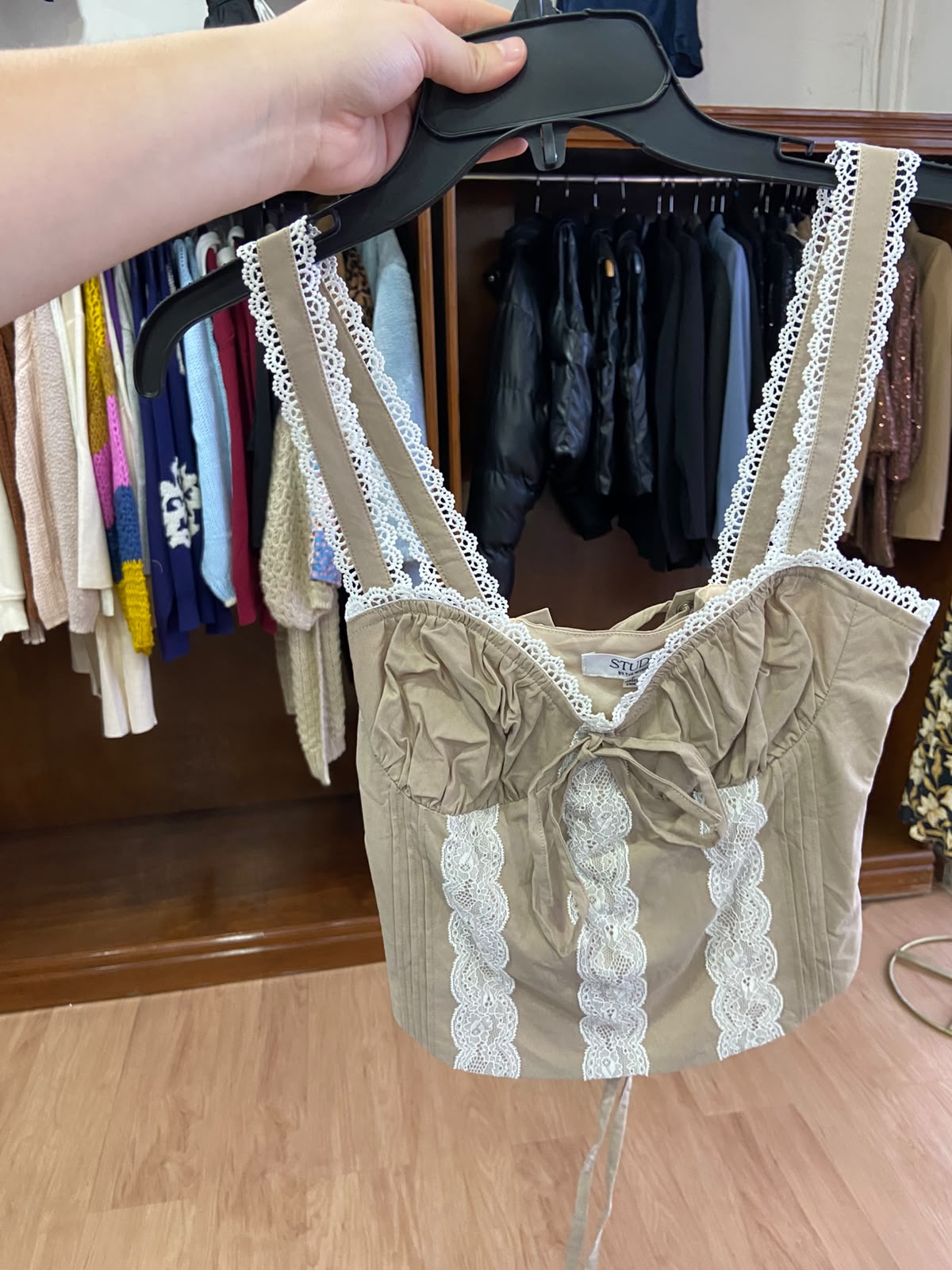 Beige Strapless Corset Top with Lace Trim