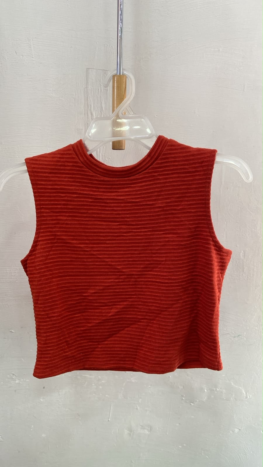 Rust Ribbed Sleeveless Crop Top with High Neck