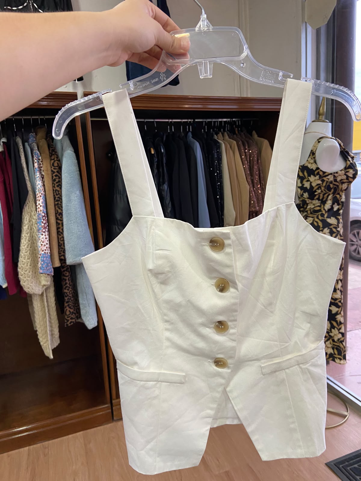 White Sleeveless Button-Up Top with Gold Buttons