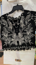 Black Short Sleeve Embroidered Crop Top with Scalloped Hem