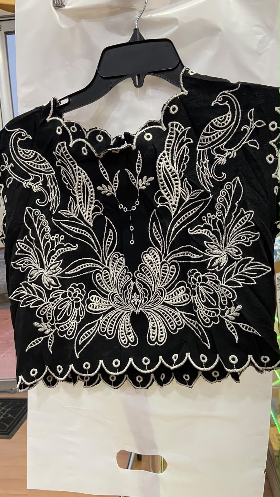 Black Short Sleeve Embroidered Crop Top with Scalloped Hem