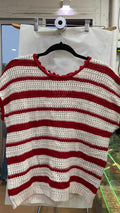 Red Striped Short Sleeve Sweater with Ribbed Hem