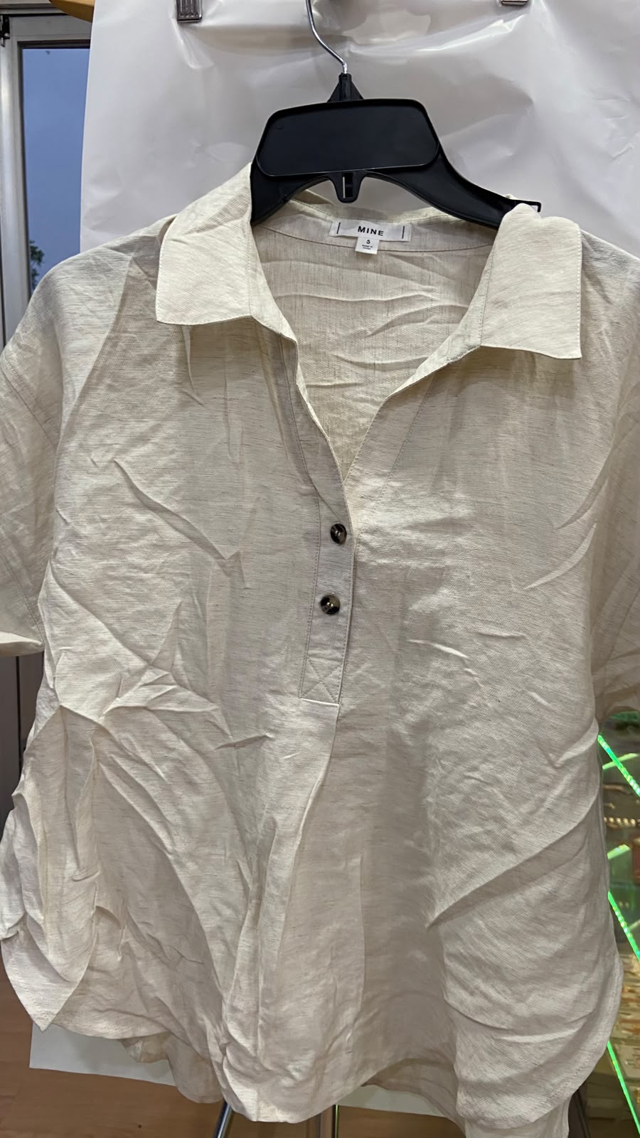 Beige Short Sleeve Button-Up Top with Collar