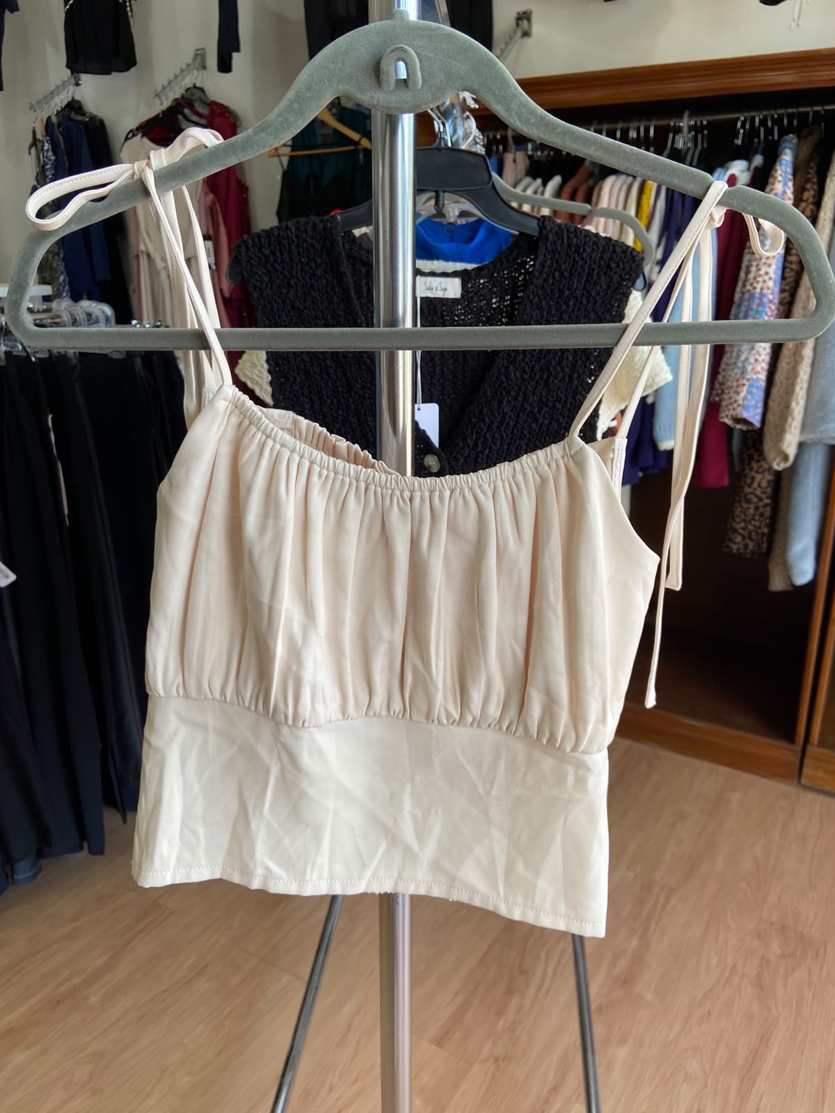 Cream Sleeveless Gathered Camisole with Tie Straps