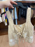 Beige Sleeveless Tie-Front Top with Embroidery