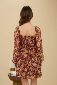 Rust Floral Long Sleeve Dress with Square Neckline