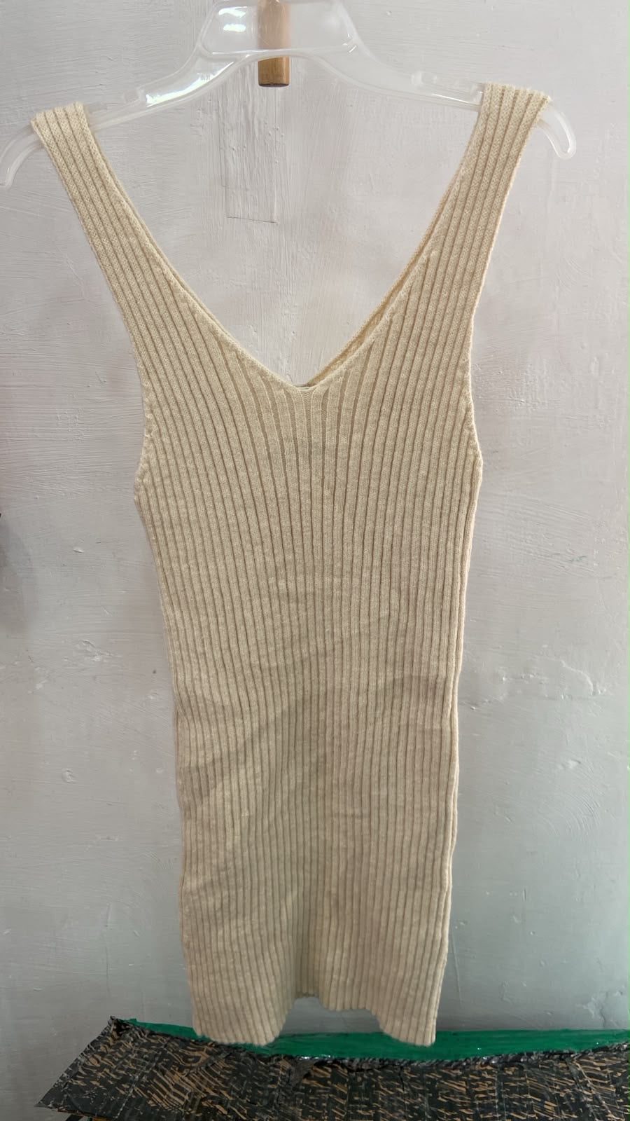 Cream Sleeveless V-Neck Ribbed Dress