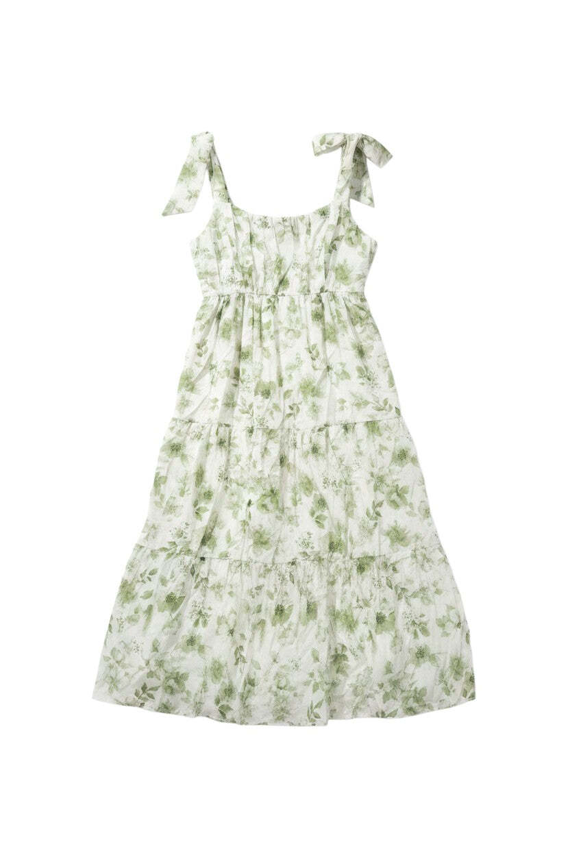 Green Floral Sleeveless Maxi Dress with Ruffled Detail