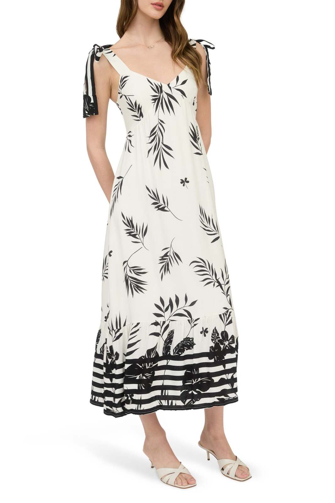 Cream Floral Spaghetti Strap Maxi Dress with Ruffle Hem