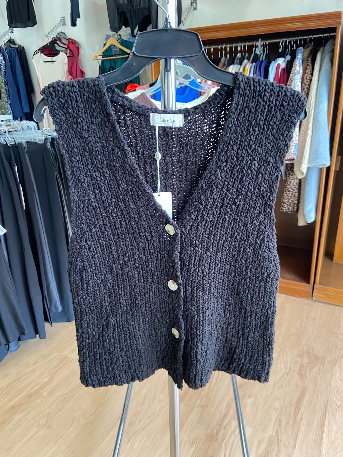 Black Sleeveless Knit Cardigan with Buttons