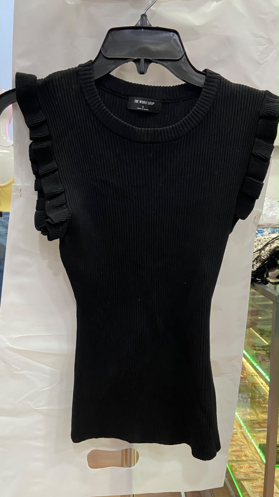 Black Ribbed Sleeveless Top with Ruffle Sleeves