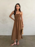Smocked Basque Waist Spaghetti Strap Midi Dress Brown- Summer Boho Floral Beach Sundress