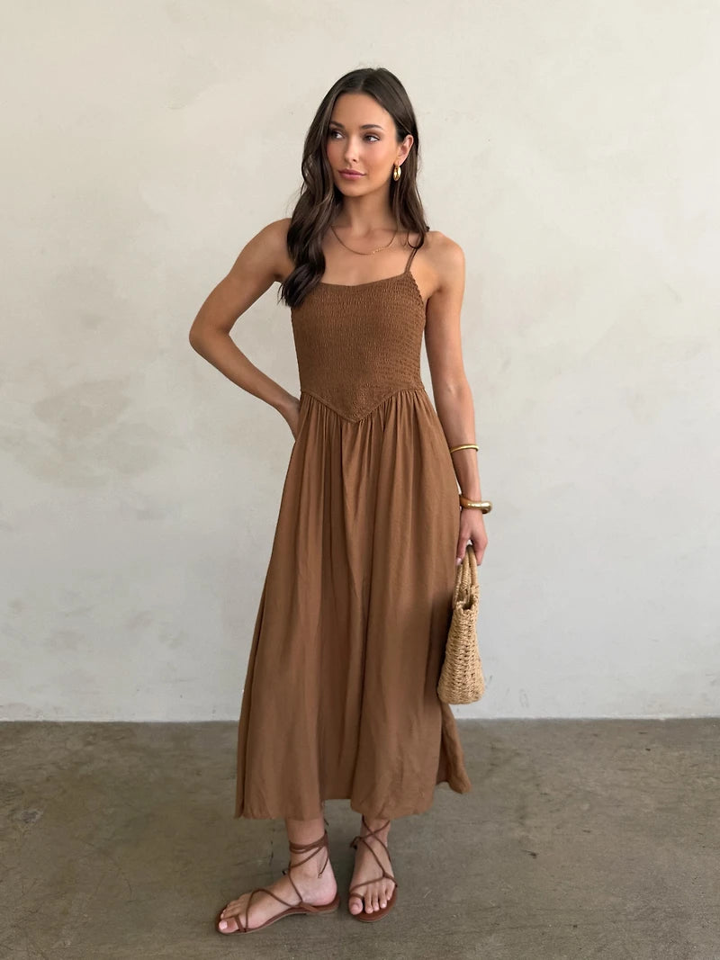 Smocked Basque Waist Spaghetti Strap Midi Dress Brown- Summer Boho Floral Beach Sundress