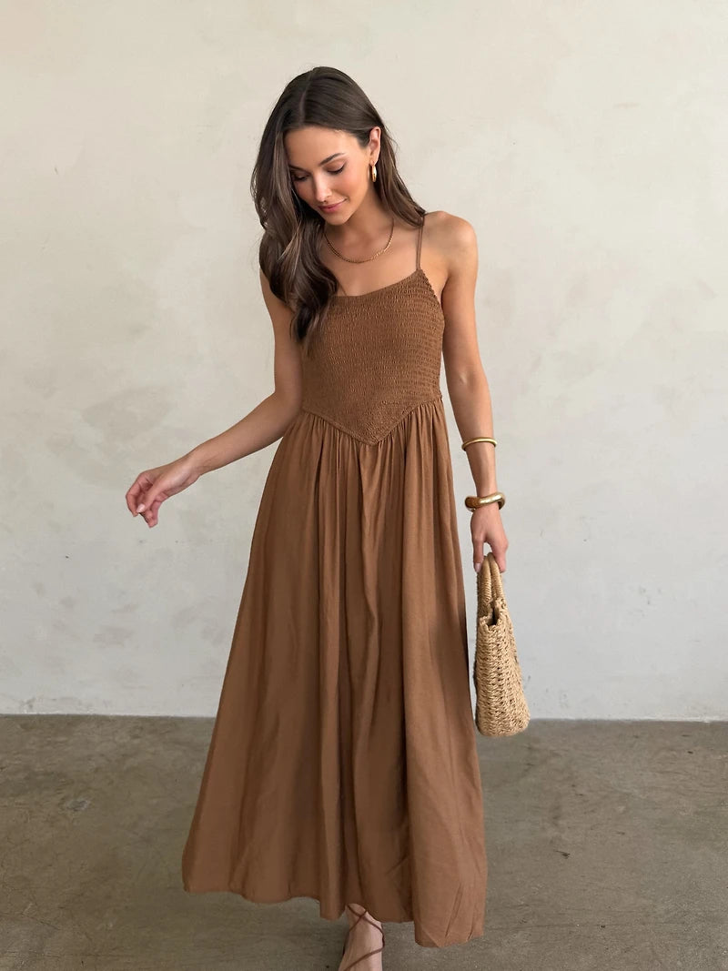 Smocked Basque Waist Spaghetti Strap Midi Dress Brown- Summer Boho Floral Beach Sundress