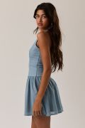 Blue Halter Neck Mini Dress – Contrast Skirt Detail Flowy Summer Dress