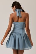Blue Halter Neck Mini Dress – Contrast Skirt Detail Flowy Summer Dress