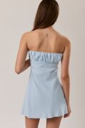 Light Blue Strapless Ruched Bust Mini Dress – Linen Blend Bias Cut Summer Dress