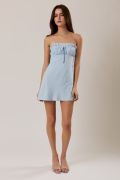 Light Blue Strapless Ruched Bust Mini Dress – Linen Blend Bias Cut Summer Dress