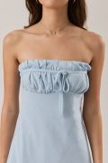 Light Blue Strapless Ruched Bust Mini Dress – Linen Blend Bias Cut Summer Dress