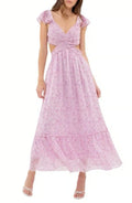 Pink Flutter Sleeve Maxi Dress with Cut-Out Detail