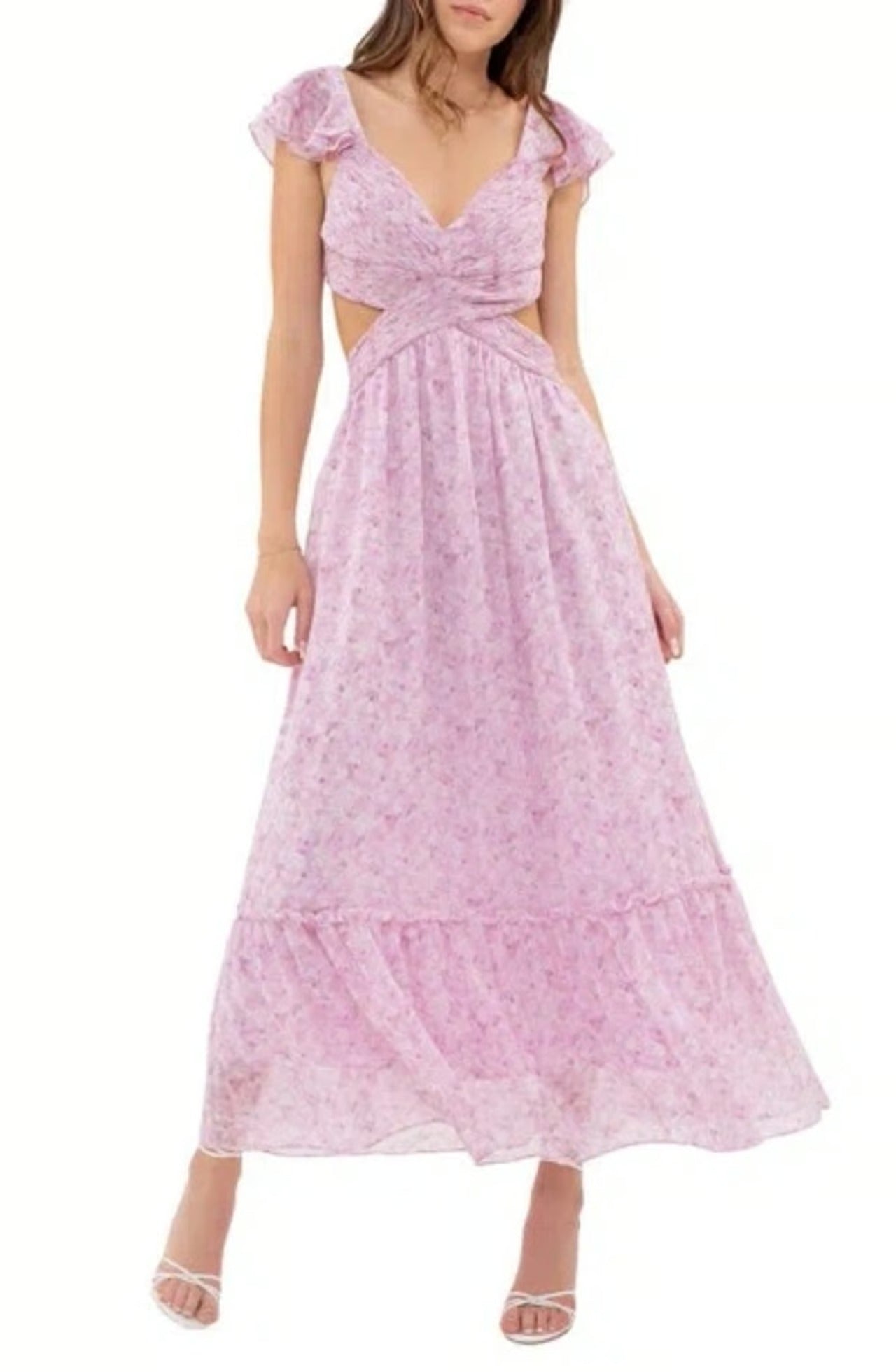 Pink Flutter Sleeve Maxi Dress with Cut-Out Detail