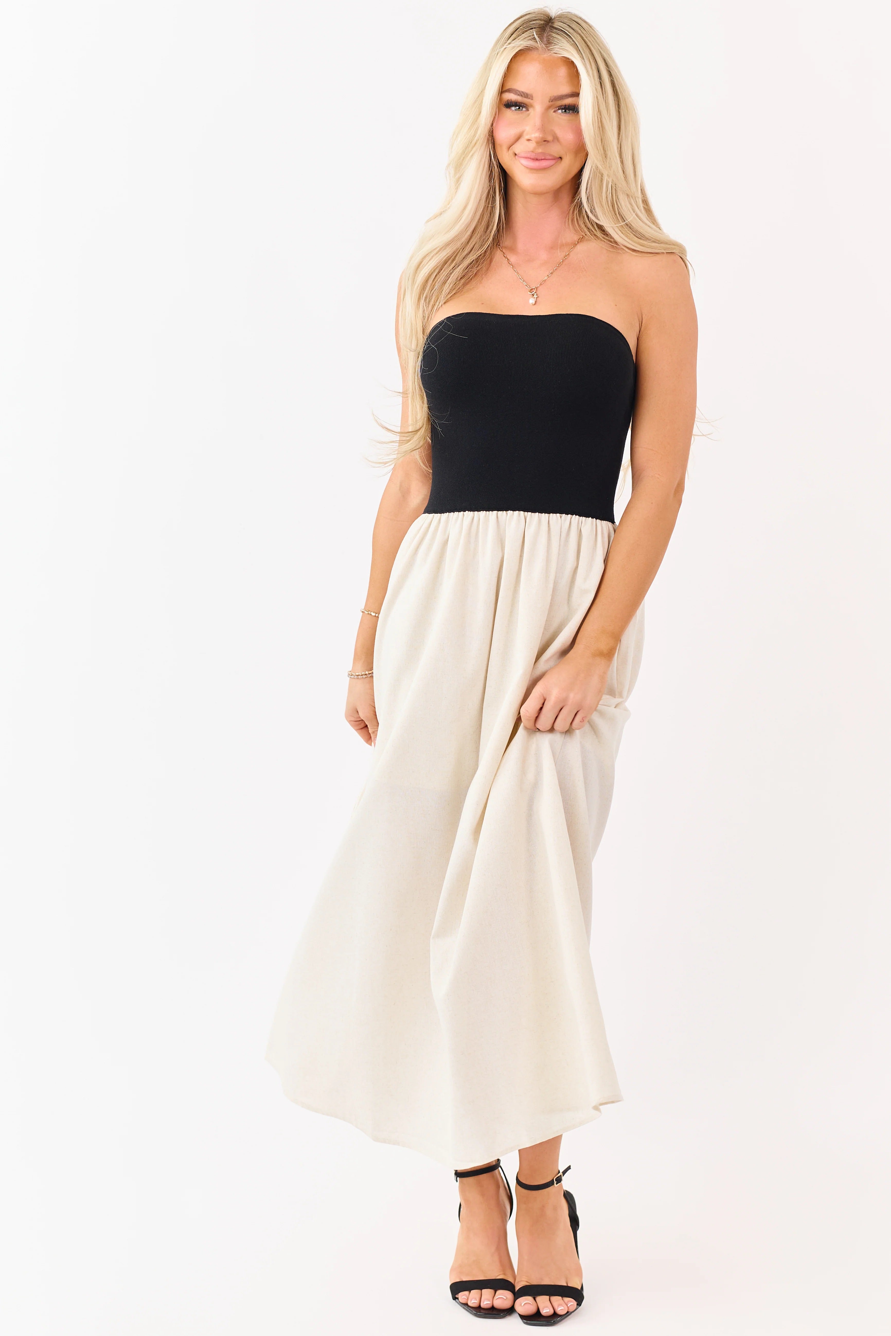 Black Strapless Maxi Dress with Cream Skirt